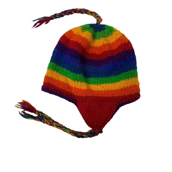 Hand Knit Rainbow Wool Fleece Lined Trapper Ear Flap Hat - Picture 1 of 6